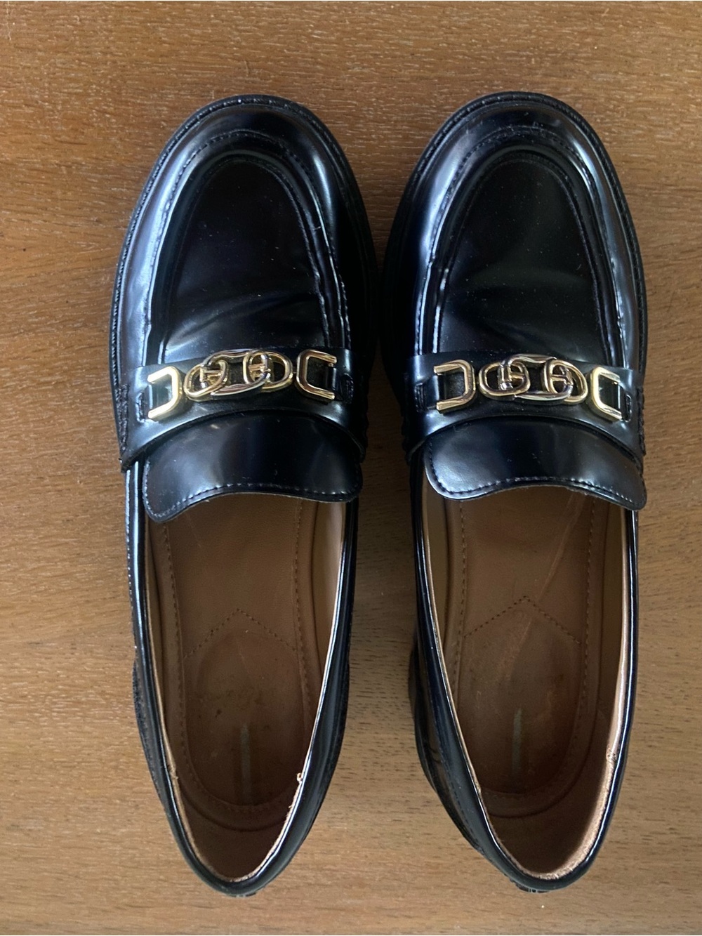Sam Edelman Black Leather Loafers with Gold Chain Accent